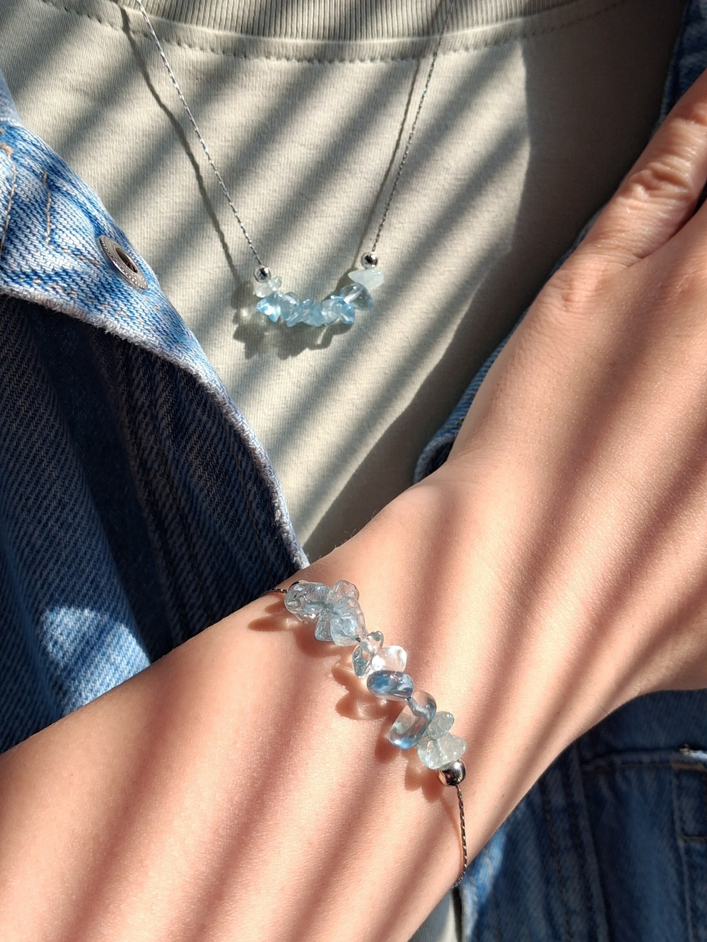Light Blue Natural Gemstone Bracelet & Necklace Set Aquamarine Silver Tone